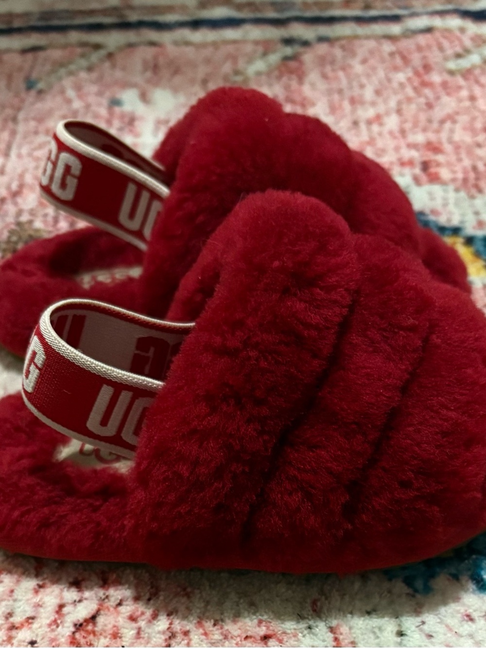 UGG Red Plush Fur Slide Sandals with Branded Strap